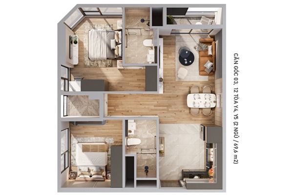 CĂN GÓC 03 TÒA Y4, Y5 (2 NGỦ / 70,3 m2)