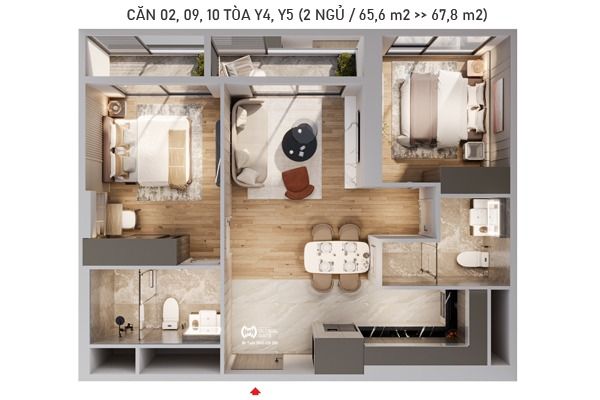 CĂN 02 TÒA Y5 (2 NGỦ / 65,6 m2) VIEW SÔNG HỒNG, CẦU NHẬT TÂN