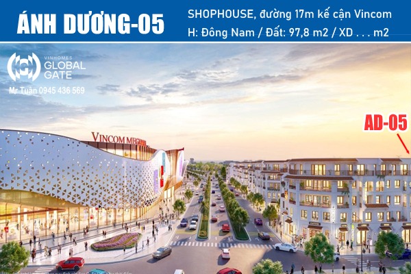 AD-05 | SHOPHOUSE ĐƯỜNG ÁNH DƯƠNG, TRỤC ĐƯỜNG 17m, KẾ CẬN VINCOM