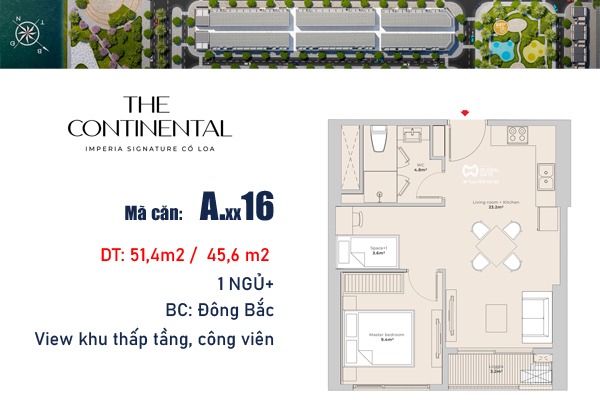 A-xx-16 CĂN 16 TÒA Y4 - ATLANTIC (1 NGỦ+ | 45,6m2) BC: ĐÔNG BẮC
