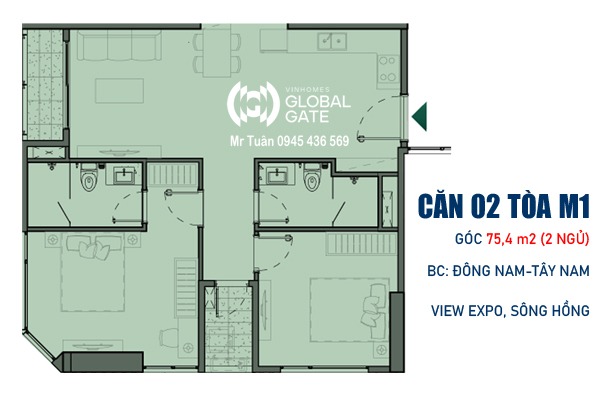CĂN 02 TÒA M1 (GÓC 75,4m2 / 2 NGỦ / VIEW EXPO