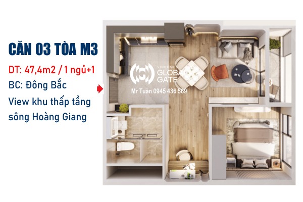CĂN 03 TÒA M3 - THÁP MADISON (47,4m2 / 1 NGỦ+ / BC: ĐÔNG BẮC, MẶT SẢNH)