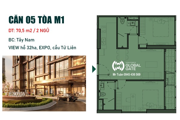 CĂN 05 TÒA M1 (70,5m2 / 2 NGỦ/ BC: TÂY NAM, VIEW SÔNG HỒNG, EXPO)