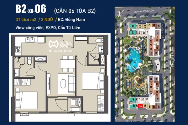 CĂN 06 TÒA B2 (2 NGỦ / 56,4 m2 / BC: ĐÔNG NAM, MẶT SẢNH, VIEW EXPO)