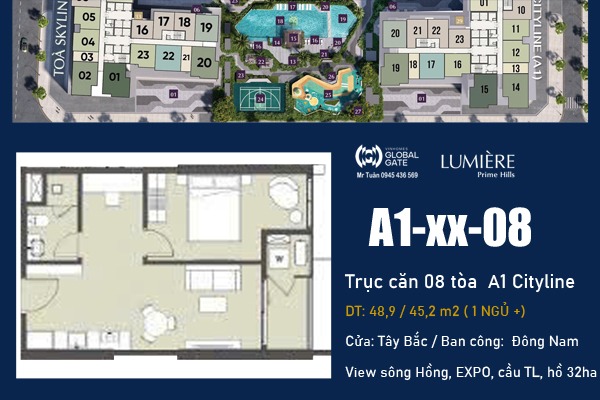 CĂN 08 TÒA A1 Cityline (1 NGỦ + VIEW SÔNG HỒNG) LUMIÈRE Prime Hills CỔ LOA