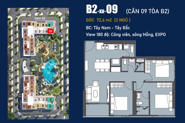 CĂN 09 TÒA B2 (GÓC 3 NGỦ / 74,2m2 / BC: TÂY NAM - TÂY BẮC, VIEW EXPO)