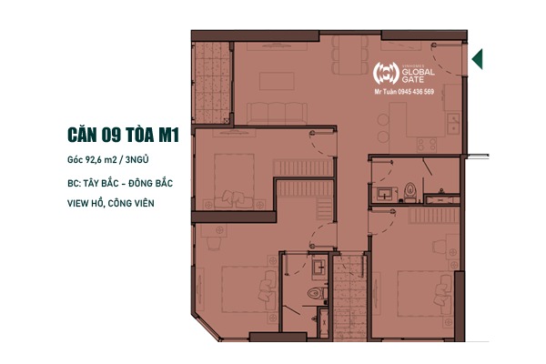 CĂN 09 TÒA M1 (Góc 92,6 m2 / 3NGỦ / BC: TÂY BẮC - ĐÔNG BẮC, VIEW HỒ, CÔNG VIÊN)