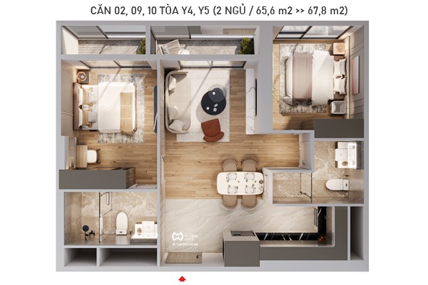 CĂN 10 TÒA Y5 (2 NGỦ / 67,8 m2) The Continental Imperia Signature Cổ Loa
