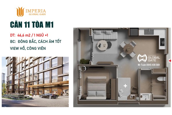 CĂN 11 TÒA M1 (46,6m2 / 1 NGỦ+ / BC: ĐÔNG BẮC, VIEW HỒ, CÔNG VIÊN)