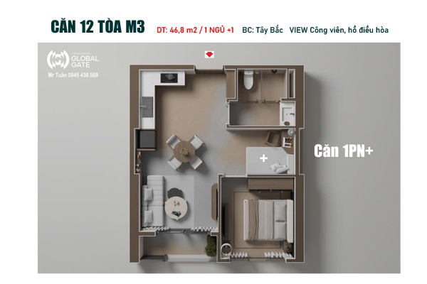 CĂN 12 THÁP MADISON (46,8m2 / 1 NGỦ+ / BC: TÂY BẮC, VIEW HỒ, CÔNG VIÊN)
