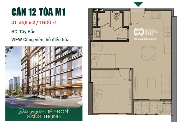 CĂN 12 TÒA M1 (46,8m2 / 1 NGỦ+ / BC: TÂY BẮC, RẤT MÁT, VIEW HỒ, CÔNG VIÊN)