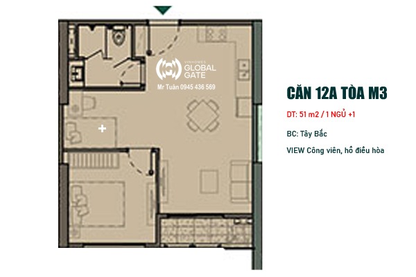 CĂN 12A THÁP MADISON (51m2 / 1 NGỦ+ / BC: TÂY BẮC, VIEW HỒ, CÔNG VIÊN)