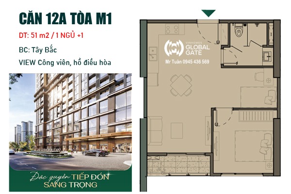 CĂN 12A TÒA M1 (51m2 / 1 NGỦ+1 / BC: TÂY BẮC, VIEW HỒ, CÔNG VIÊN)