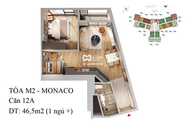 CĂN 12A TÒA M2 - THÁP MONACO (46,5m2 / 1 NGỦ+ /BC: ĐÔNG NAM, VIEW EXPO)