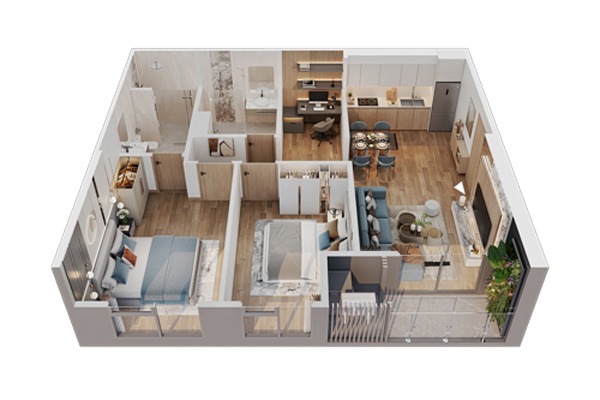 CĂN 13 TÒA A2 (2 NGỦ+ / 61,9 m2) BC: ĐÔNG BẮC)