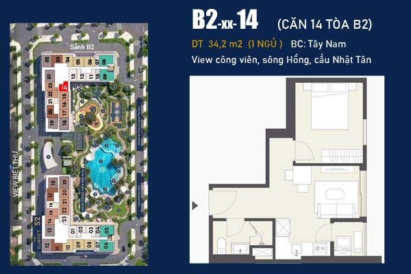 CĂN 14 TÒA B2 (1 NGỦ / 34,2m2 / BC: TÂY NAM, VIEW CÔNG VIÊN)