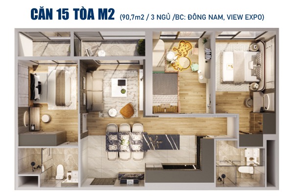 CĂN 15 THÁP MONACO (90,7m2 / 3 NGỦ /BC: ĐÔNG NAM, VIEW EXPO)