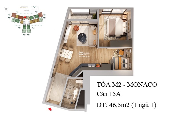 CĂN 15A TÒA M2 - THÁP MONACO (46,5m2 / 1 NGỦ+ /BC: ĐÔNG NAM, VIEW EXPO)