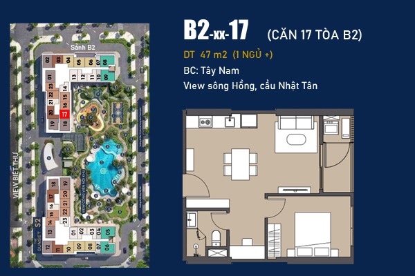 CĂN 17 TÒA B2 (1 NGỦ+ / 46,9m2) BC: TÂY NAM, VIEW CÔNG VIÊN