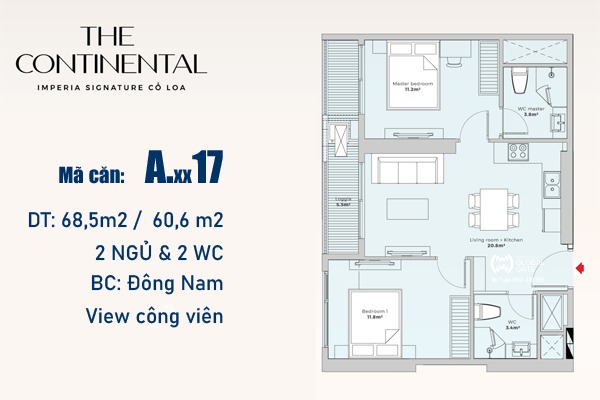 CĂN 17 TÒA Y4 - ATLANTIC, MIK CỔ LOA (2 NGỦ | 60,6m2)