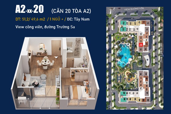 CĂN 20 | A2-xx-20 (1 NGỦ+ / 46,9 m2 / BC: TÂY NAM, VIEW CÔNG VIÊN)