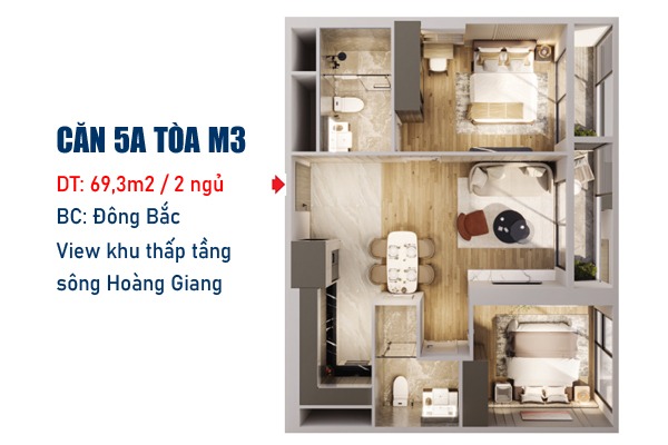 CĂN 5A TÒA M3 - MADISON (69,3m2 / 2 NGỦ / BC: ĐÔNG BẮC, MẶT SẢNH)