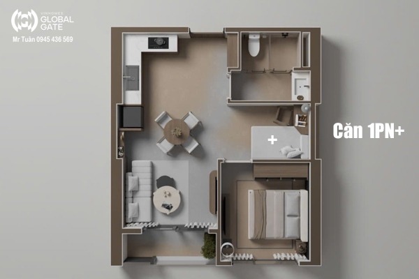 CĂN 8A TÒA M1 (MẶT SẢNH 46,4m2 / 1 NGỦ+/ BC: TÂY NAM, VIEW SÔNG HỒNG, EXPO)