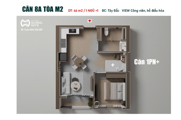 CĂN 8A TÒA M2 - TÒA MONACO (46m2 / 1 NGỦ+ /BC: TÂY BẮC, VIEW CÔNG VIÊN)