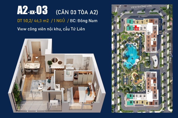 LAYOUT CĂN A2-xx-03 (46,3 m2 / 1 NGỦ / ĐÔNG NAM) Masteri Grand Avenue