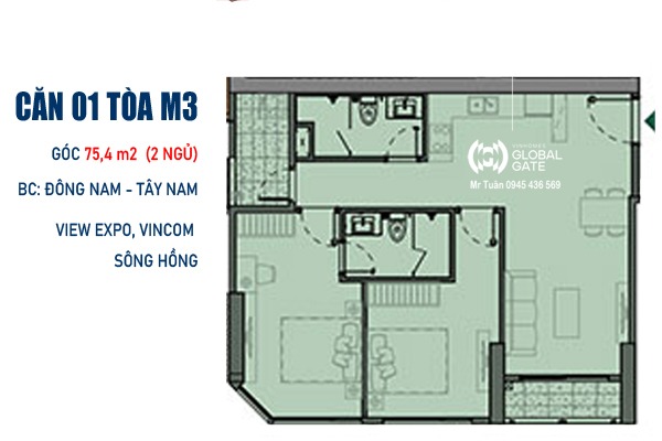 CĂN GÓC 01 TÒA M3 - THÁP MADISON (75,4m2 / 2 NGỦ / BC: ĐÔNG NAM - TÂY NAM, VIEW EXPO)