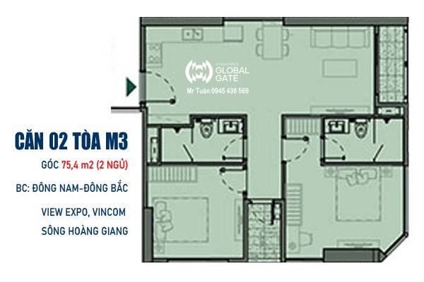 CĂN GÓC 02 TÒA M3 - THÁP MADISON (75,4m2 / 2 NGỦ / BC: ĐÔNG NAM - ĐÔNG BẮC)