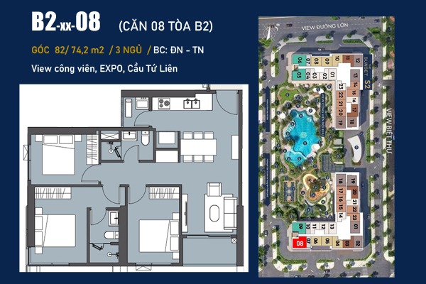 CĂN GÓC 08 TÒA B2 | B2-xx-08 (3 NGỦ / 74,2m2 / BC: ĐÔNG NAM - TÂY NAM, VIEW EXPO)