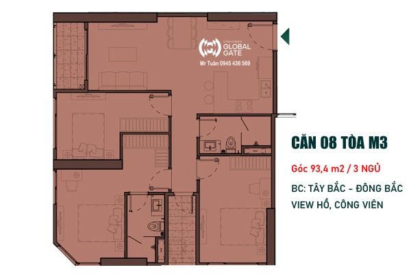 CĂN GÓC 08 TÒA M3 - THÁP MADISON (94,3m2 / 3 NGỦ / BC: ĐÔNG BẮC - TÂY BẮC, VIEW HỒ, CÔNG VIÊN)