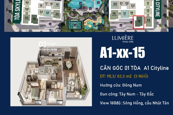 TRỤC CĂN GÓC 15 TÒA A1 CITYLINE, VIEW SÔNG HỒNG - LUMIÈRE Prime Hills CỔ LOA
