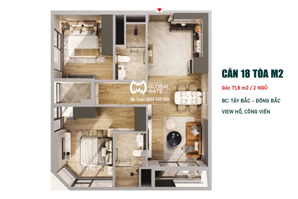 CĂN GÓC 18 THÁP M2- MONACO (71,8m2 / 2 NGỦ /BC: ĐÔNG BẮC - TÂY BẮC, VIEW HỒ)