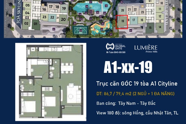 CĂN GÓC 19 TÒA A1 (2 NGỦ + ĐA NĂNG, VIEW SÔNG HỒNG) LUMIÈRE Prime Hills CỔ LOA
