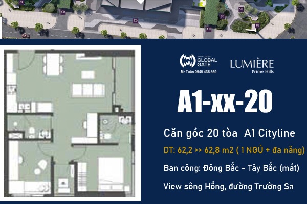 CĂN GÓC 20 TÒA CITYLINE (1 NGỦ + 1 ĐA NĂNG, VIEW SÔNG HỒNG) LUMIÈRE Prime Hills CỔ LOA