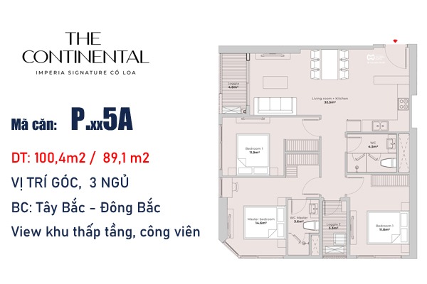 CĂN GÓC 5A TÒA Y5 (3 NGỦ / 89 m2) The Continental Imperia Signature Cổ Loa