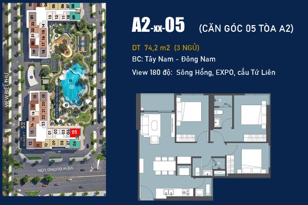 CĂN GÓC A2-xx-05 (74,2m2 / BC: ĐÔNG NAM - TÂY NAM, VIEW SÔNG HỒNG)