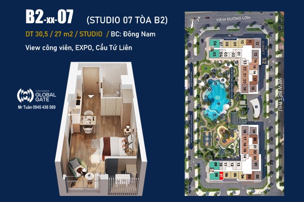 CĂN STUDIO 07 TÒA B2 | B2-xx-07 (27m2 / BC: ĐÔNG NAM, VIEW EXPO)
