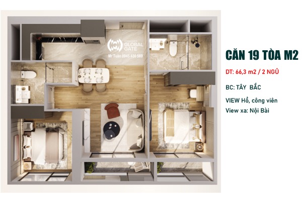 LAYOUT CĂN 19 THÁP MONACO (66,3m2 / 2 NGỦ / BC: TÂY BẮC, VIEW HỒ)
