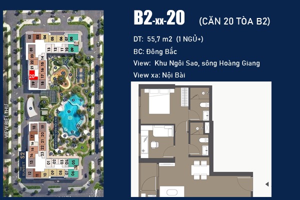 LAYOUT CĂN 20 TÒA B2 MASTERI CỔ LOA (1 NGỦ+ / 55,7m2) BC: ĐÔNG BẮC
