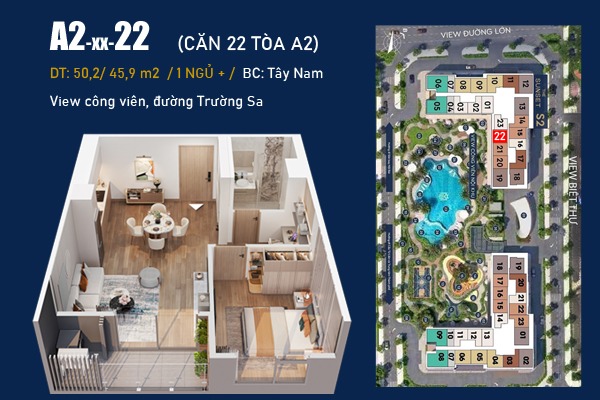 LAYOUT CĂN 22 TÒA A2 - The SUNSET Masteri Grand Avenue Cổ Loa