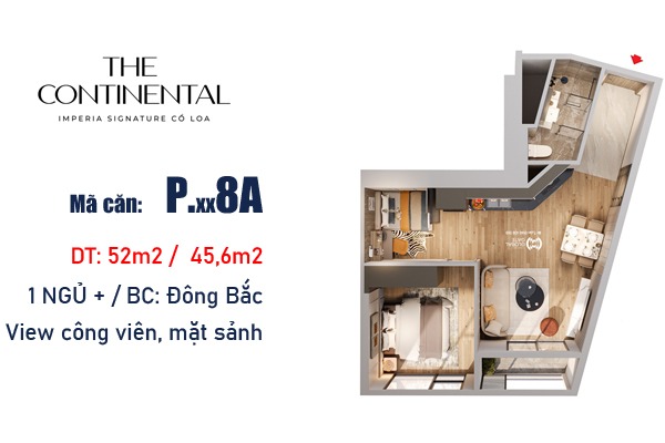 LAYOUT CĂN 8A TÒA Y5 PACIFIC (1 NGỦ+ / 45,6 m2) BC: ĐÔNG BẮC