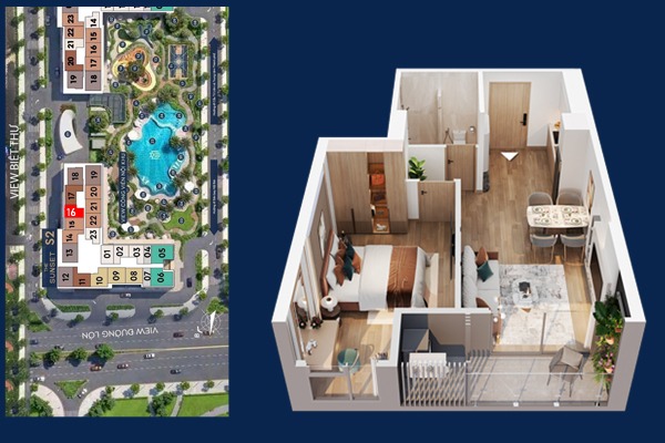 LAYOUT CĂN A2-xx-16 (1 NGỦ / 42 m2/ BC: ĐÔNG BẮC)