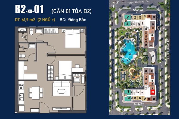 LAYOUT CĂN B2-xx-01 (2 NGỦ + / 61,9 m2 / BC: ĐÔNG BẮC)