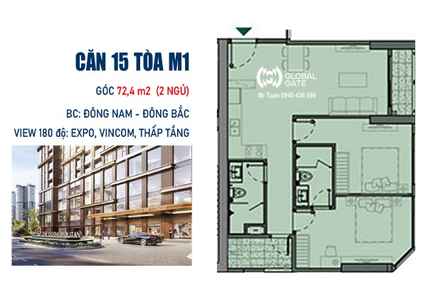 LAYOUT CĂN GÓC 15 TÒA M1 (72,4m2 / 2 NGỦ+ / BC: ĐÔNG BẮC - ĐÔNG NAM)