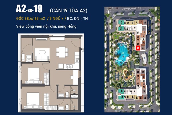 LAYOUT CĂN GÓC 19 TÒA A2 Masteri Grand Avenue Cổ Loa