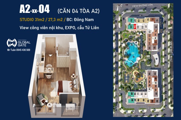 STUDIO A2-xx-04 (27,3m2 / ĐÔNG NAM, VIEW EXPO, CẦU TỨ LIÊN