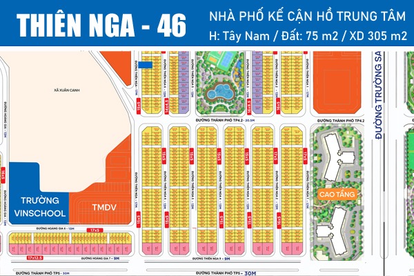 TN-46 NHÀ PHỐ TRỤC ĐƯỜNG THIÊN NGA (dọc theo hồ Trung tâm, kế cận khu ẩm thực Global Gourmet)